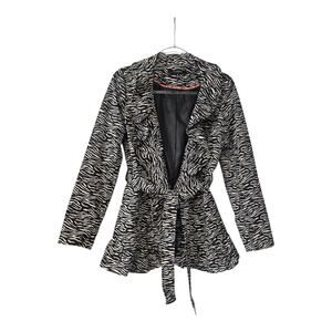 Sandro Womens MEDIUM Animal Print Ruffle Front Jacket Black/Tan Self-Tie Waist